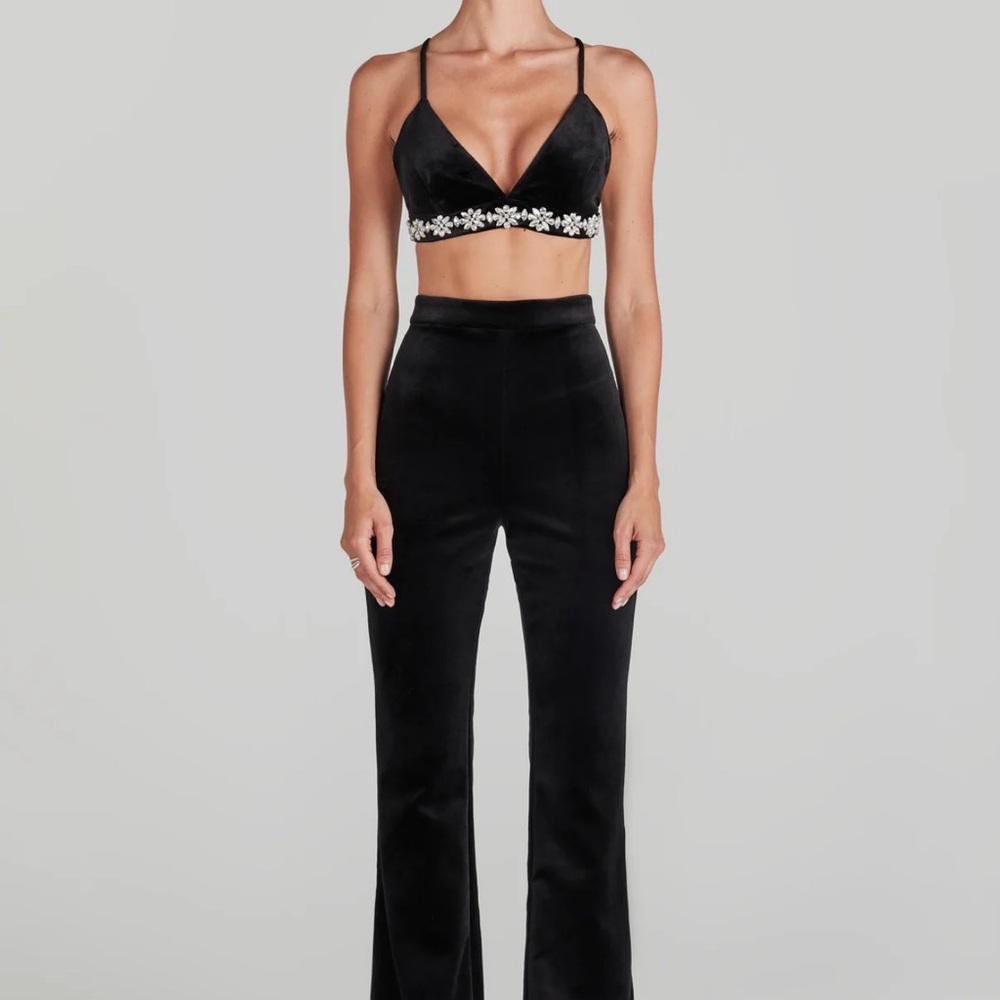 NADINE MERABI Black Velvet High-Waist Bootcut Trousers